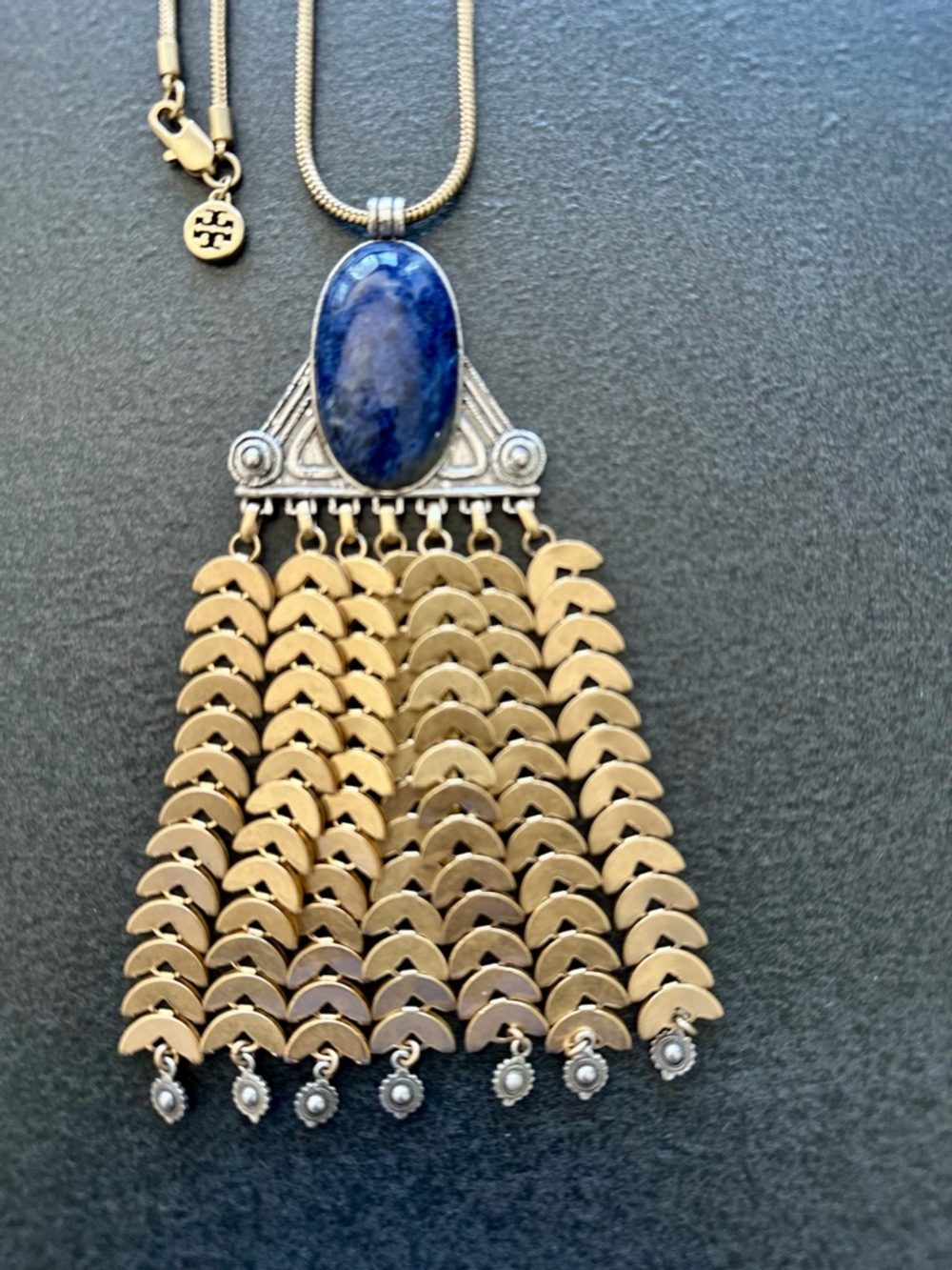 Tory Burch Navy Stone Gold-Tone Fringe Pendant Necklace